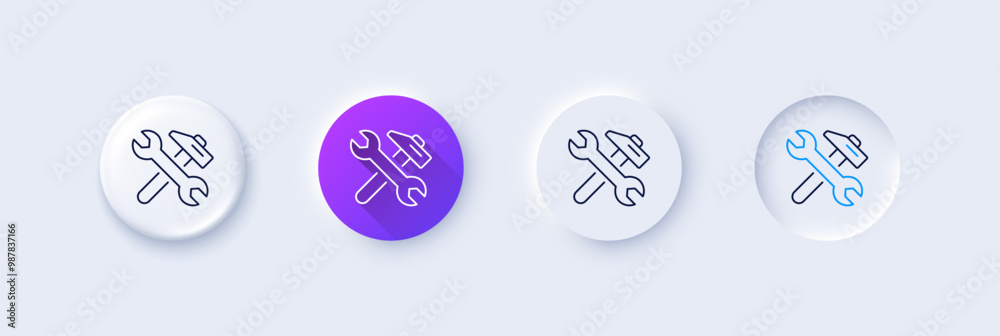 Repair line icon. Neumorphic, Purple gradient, 3d pin buttons. Fix service sign. Wrench and hammer tool symbol. Line icons. Neumorphic buttons with outline signs. Vector Repair line icon. Neumorphic, Purple gradient, 3d pin buttons. Fix service sign. Wrench and hammer tool symbol. Line icons. Neumorphic buttons with outline signs. Vector