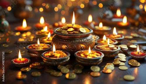 Joyful Dhanteras celebration with a shining pot of gold coins symbolizing blessings of wealth and prosperity for auspicious beginnings and festive cheer. photo