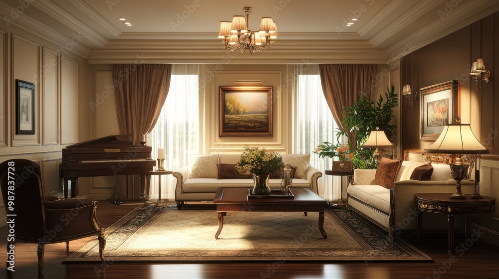 custom made wallpaper toronto digitalElegant Living Room Interior with Piano, Couches, and  Ornate Decor