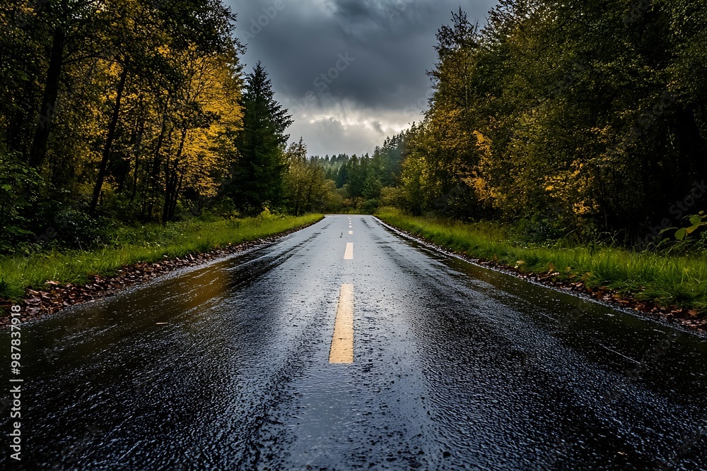 Empty asphalt road through forest after rain with yellow line and puddles Empty asphalt road through forest after rain with yellow line and puddles