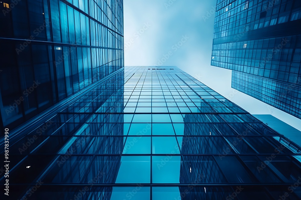 Low angle view of modern glass skyscrapers in city, business, finance, success, urban Low angle view of modern glass skyscrapers in city, business, finance, success, urban
