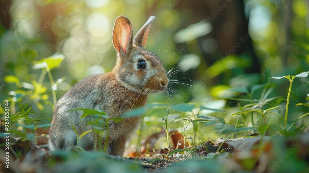 Fototapeta premium A cute brown rabbit sits in a lush green forest, sunlight filtering through the leaves.