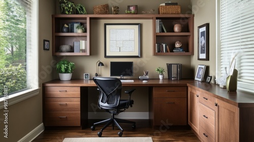 A Home Office Desk with Built-in Wooden Shelving and a Window View