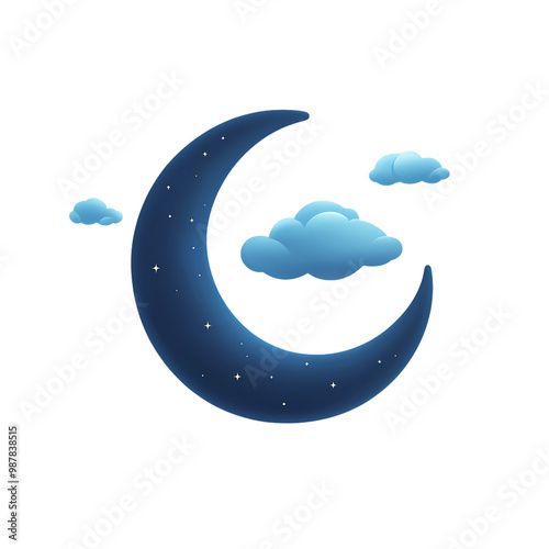 Stylized crescent moon with clouds on a white isolated background. transparent background