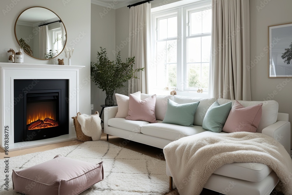 Scandinavian Cozy Living Room Design with White Chaise Pastel Pillows and Shearling Blankets by Electric Fireplace