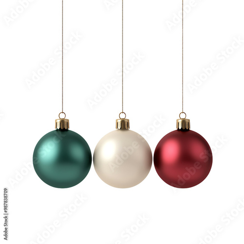 Three colorful Christmas ornaments hanging, isolated on white background. transparent background