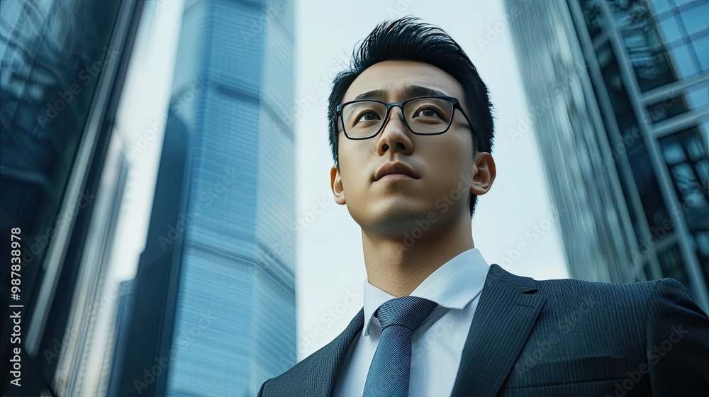 A focused young Chinese businessman stands at the base of a skyscraper, looking ahead with purpose. The cityscape provides a dramatic background. A focused young Chinese businessman stands at the base of a skyscraper, looking ahead with purpose. The cityscape provides a dramatic background.