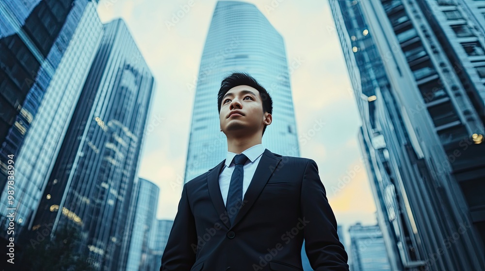 A focused young Chinese businessman stands at the base of a skyscraper, looking ahead with purpose. The cityscape provides a dramatic background. A focused young Chinese businessman stands at the base of a skyscraper, looking ahead with purpose. The cityscape provides a dramatic background.