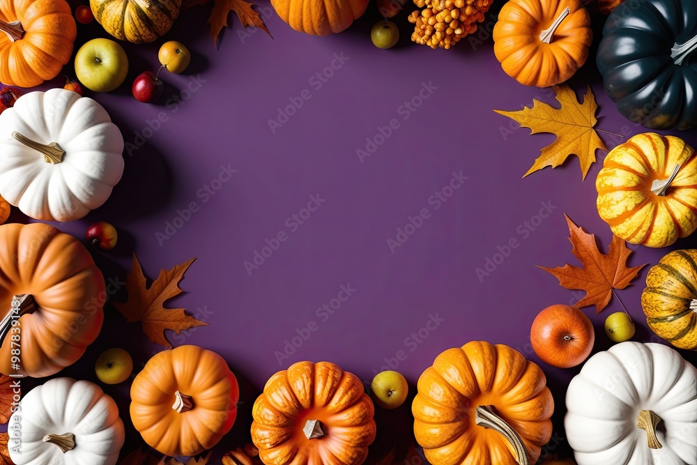 Fototapeta premium 3D Pumpkins and Fall Fruits on Purple Background for Halloween and Thanksgiving Decoration