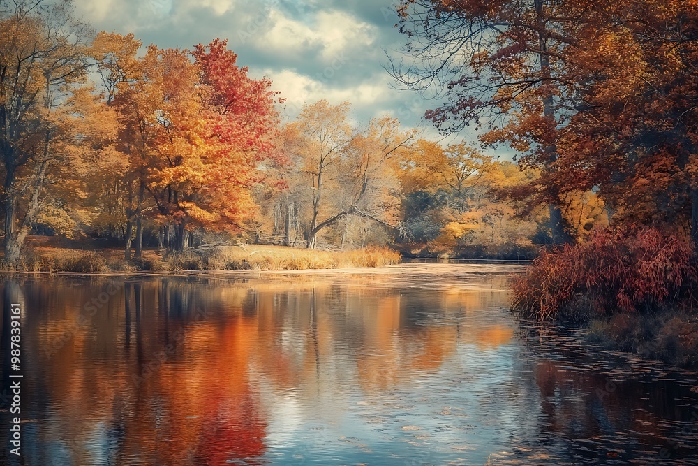 Obraz premium Tranquil Autumn Scene with Reflection of Trees in a Calm Lake