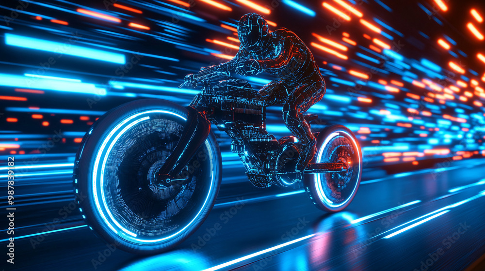 Fototapeta premium A microchip that powers a futuristic bicycle with a driver behind it 