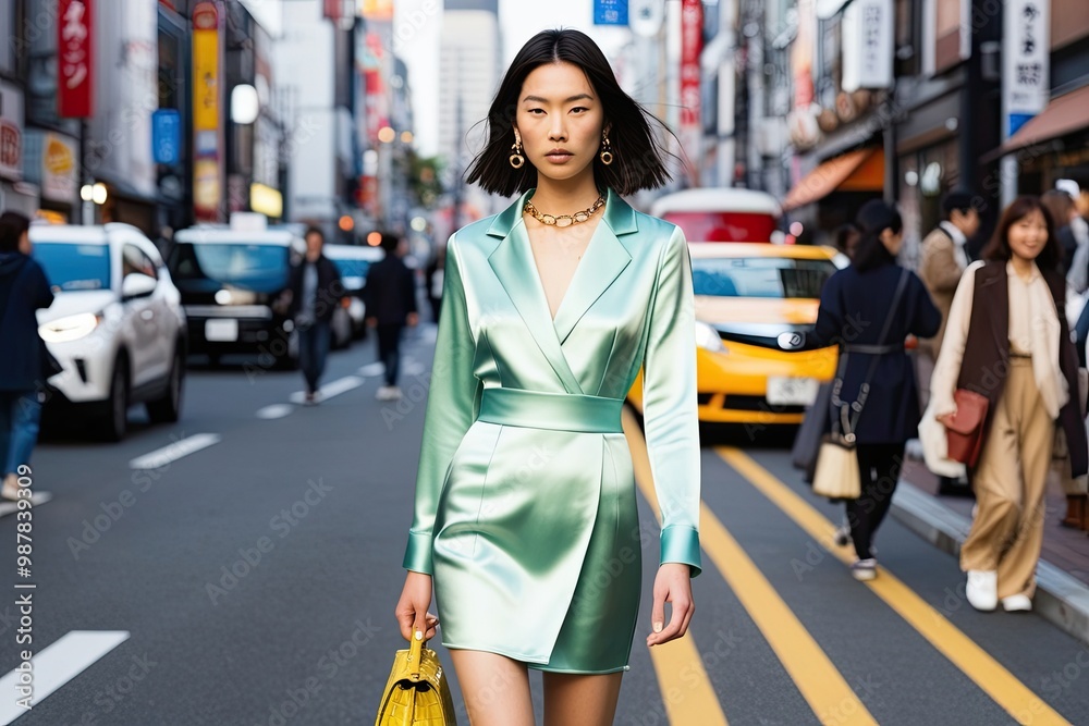 Trendy Japanese Fashion Model Displays Elegant Satin Dress on Vibrant City Street