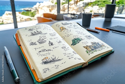 A travel journal open on a table, with handwritten notes and sketches from various destinations