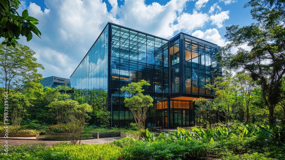 A modern glass structure rises into the sky, surrounded by lush greenery. The building eco-friendly design promotes sustainable business architecture. A modern glass structure rises into the sky, surrounded by lush greenery. The building eco-friendly design promotes sustainable business architecture.