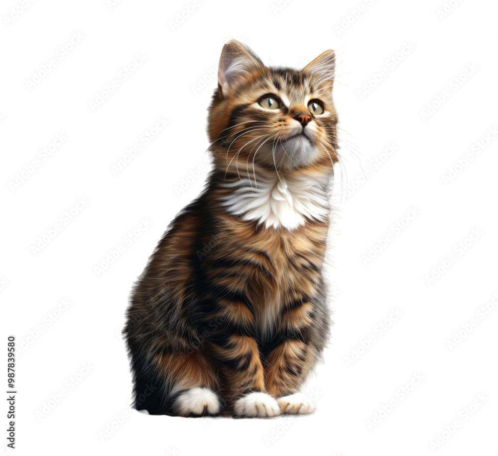 Obraz premium Fluffy tabby cat with bright eyes and a curious expression sits attentively