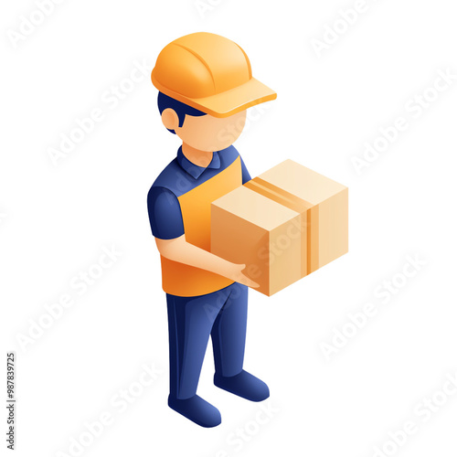 Worker holding a cardboard box, cartoon style, isolated on white background. transparent background