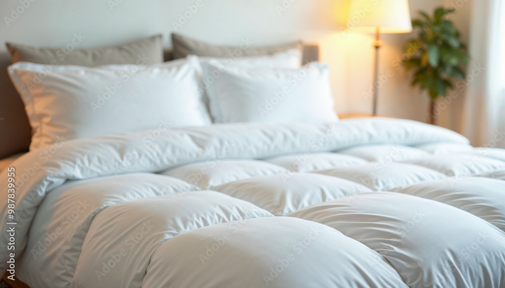 Luxurious bed scene with white bedding and soft pillows, promoting home decor products.
Luxurious bed scene with white bedding and soft pillows, promoting home decor products.