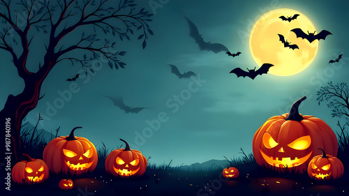 Halloween Jack Pumpkins with a misty gray coastal night background