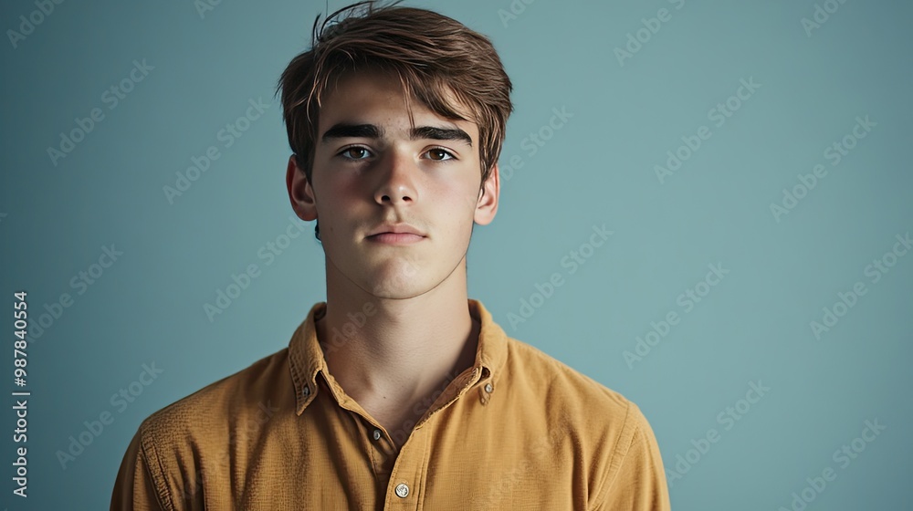 Obraz premium A young man looks uninterested in this isolated portrait, providing ample copy space on the background for promotional use.