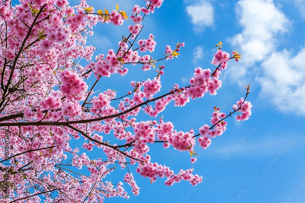 Pink cherry blossom branches against blue sky with white clouds. Springtime floral background Pink cherry blossom branches against blue sky with white clouds. Springtime floral background