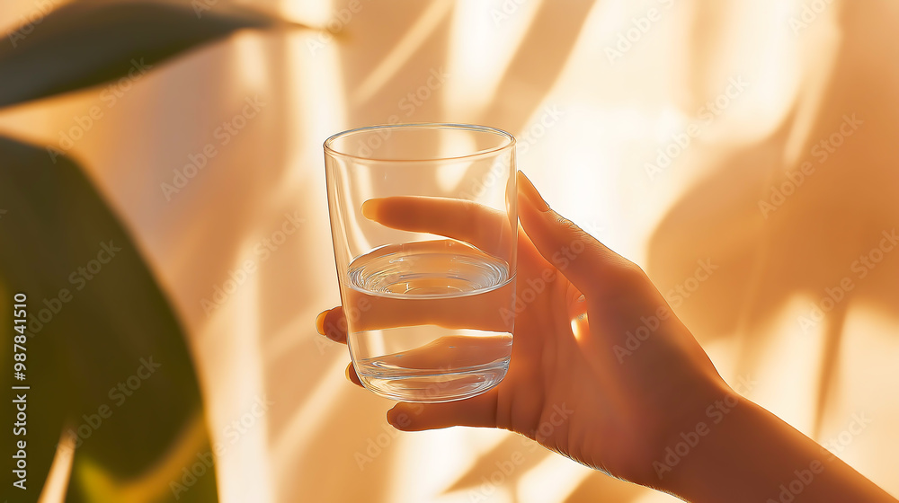 Female hand holding a glass of water to drink, Healthy lifestyle, beauty skin health care treatment concept Female hand holding a glass of water to drink, Healthy lifestyle, beauty skin health care treatment concept