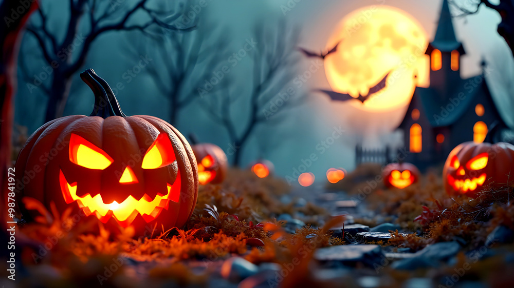The Halloween background with pumpkins with haunted house The Halloween background with pumpkins with haunted house