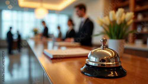  Elegant hotel reception bell on a wooden counter, embodying hospitality and professionalism.