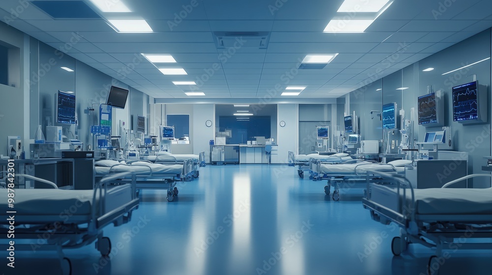 Empty emergency room interior with beds and high-tech medical monitors. Clean, organized, and professional healthcare environment. Empty emergency room interior with beds and high-tech medical monitors. Clean, organized, and professional healthcare environment.