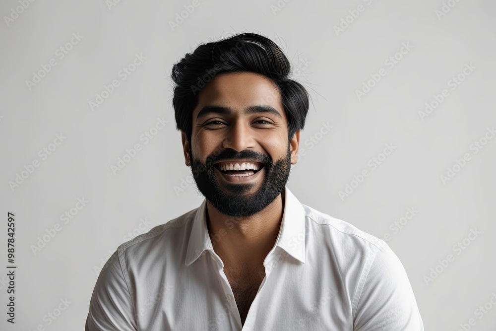 Stunning Portrait of Happy Indian Man with Beard on Bright White Background Stunning Portrait of Happy Indian Man with Beard on Bright White Background
