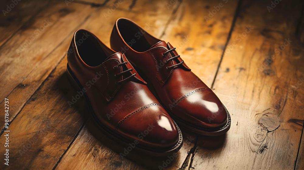 A pair of brown leather dress shoes on a wooden floor. A pair of brown leather dress shoes on a wooden floor.