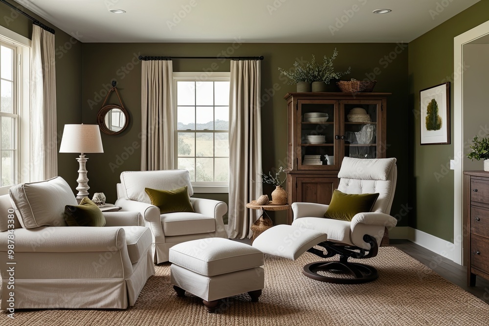 Cozy Family Living Room with Cotton Recliner and Olive Accent Pillows in Rustic Design Cozy Family Living Room with Cotton Recliner and Olive Accent Pillows in Rustic Design