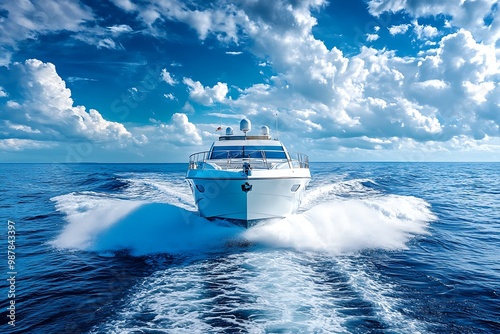 Luxury Yacht Sailing on Blue Ocean Waters with White Clouds photo