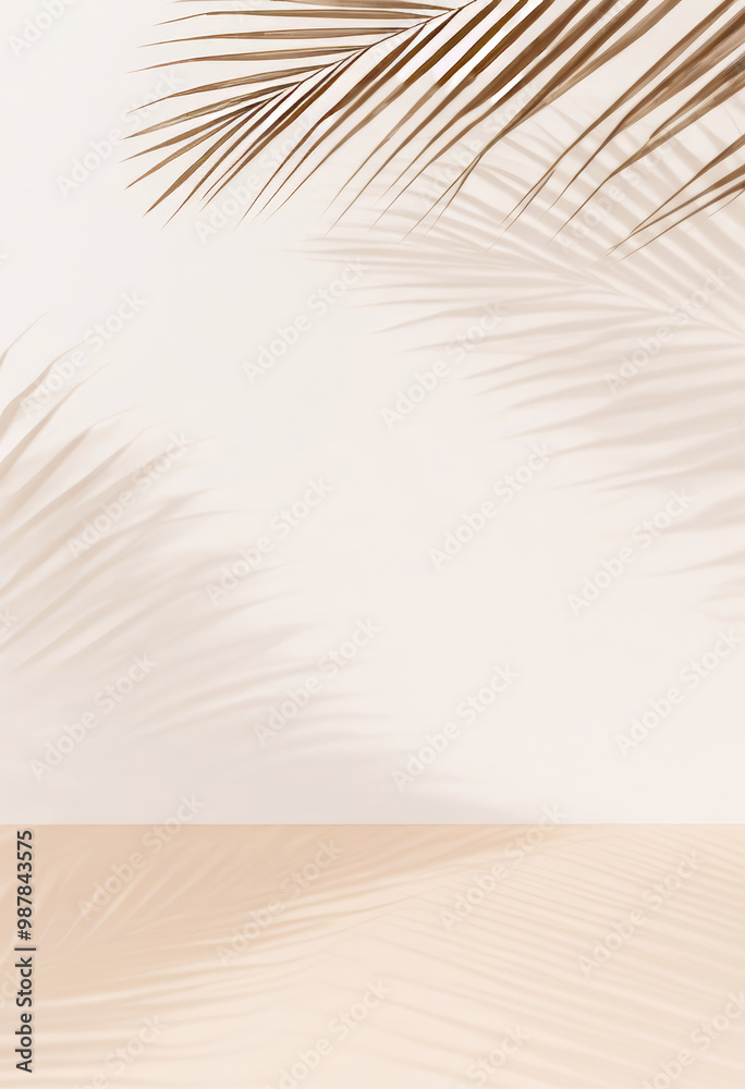 Fototapeta premium Palm Leaf Shadows Cast on Minimalist White Wall, vertical image