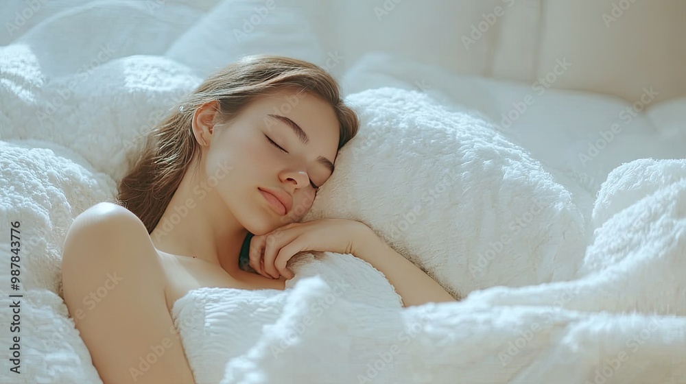 Peaceful young woman in a white dress enjoying a restful sleep under a white blanket in a cozy, minimalist bedroom. Peaceful young woman in a white dress enjoying a restful sleep under a white blanket in a cozy, minimalist bedroom.