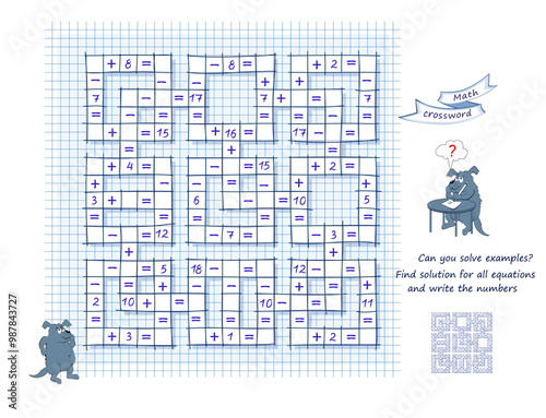 Math crossword. Can you solve examples? Find solution for all equations and write the numbers. Brain teaser book. Mathematical logic puzzle game on addition and subtraction. Vector illustration.