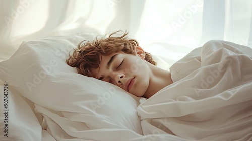 Peaceful young man in a white outfit sleeping under a white blanket in a bright room.