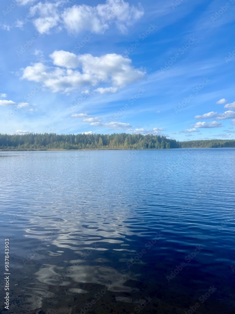 beautiful blue lake view, blue sky with white clouds reflections on the lake surface beautiful blue lake view, blue sky with white clouds reflections on the lake surface