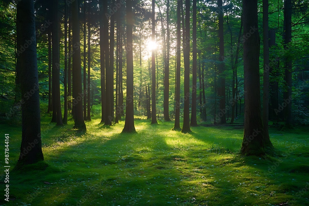 Obraz premium Sunlight filtering through the trees in a lush green forest