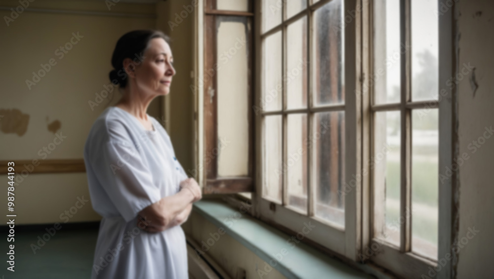 A female patient by the window in a psychiatric hospital. A female patient by the window in a psychiatric hospital.