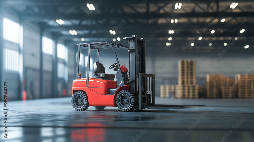 Fototapeta premium Ready forklift in modern industrial warehouse