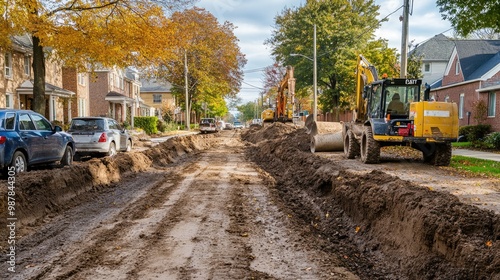 Sewage pipes being installed along a residential street. Heavy equipment digs trenches to provide the neighborhood with new drainage access.