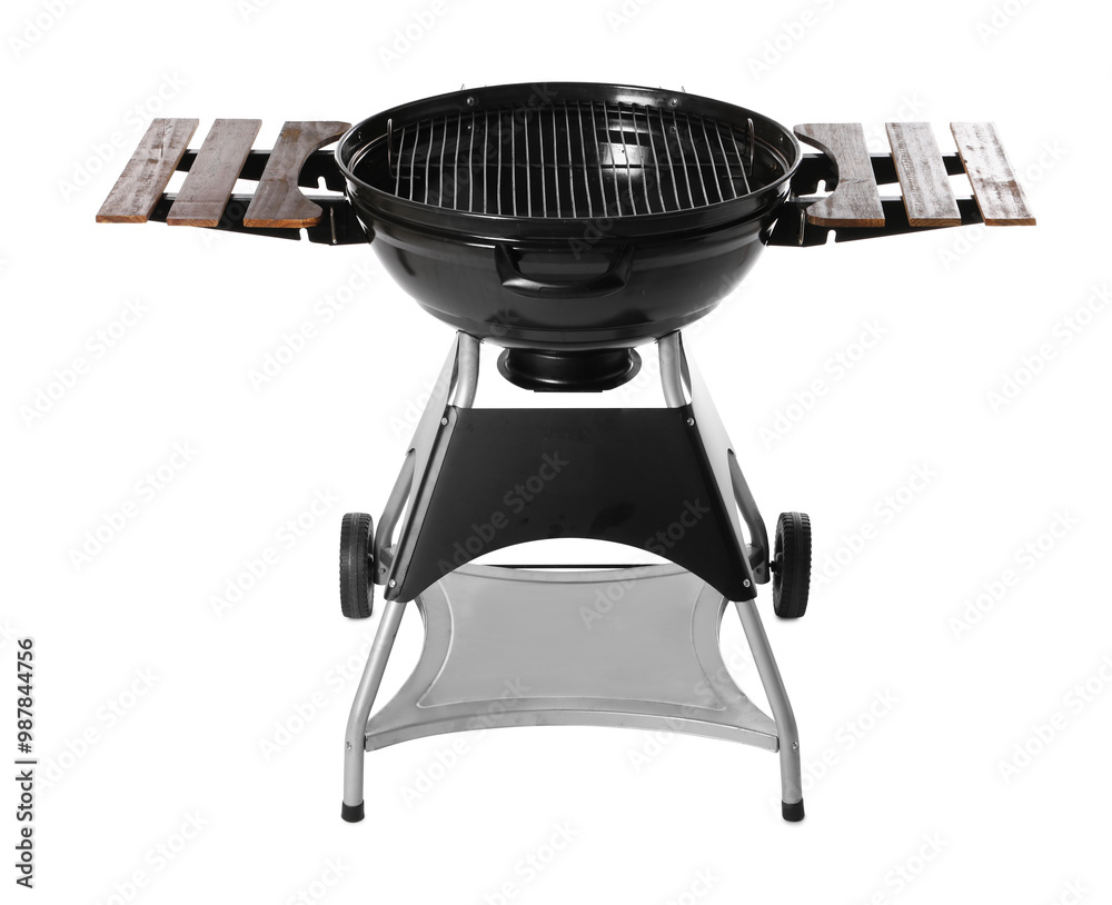 One black barbeque grill isolated on white. Cooking appliance One black barbeque grill isolated on white. Cooking appliance