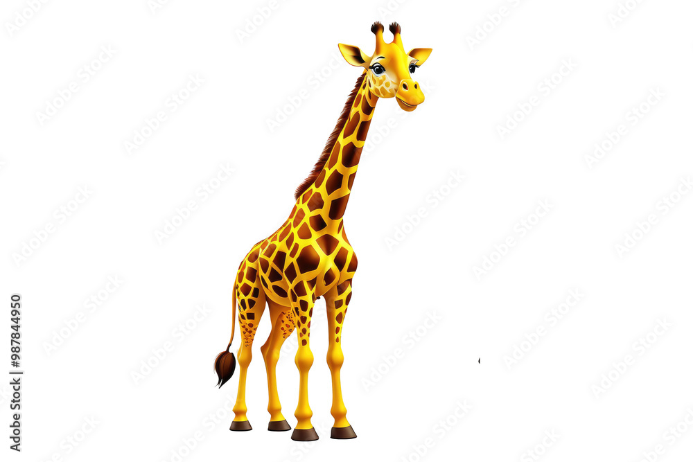 Obraz premium 3D cartoon giraffe exuding joy, full body visible, centered in the frame, gracefully stands as a cut-out, floating against a stark white background, stock photograph style, ultra clear