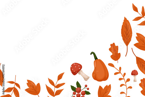 Autumn leaves, mushrooms and pumpkins on a beige background. Autumn Background for the design of banners, postcards. Autumn leaves, flowers and branches. Nature, autumn season. Harvest Festival.
