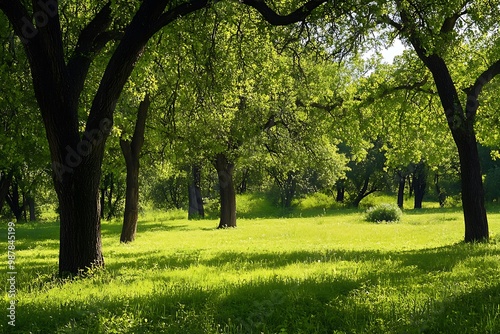 Sunlit Green Meadow in a Forest Clearing