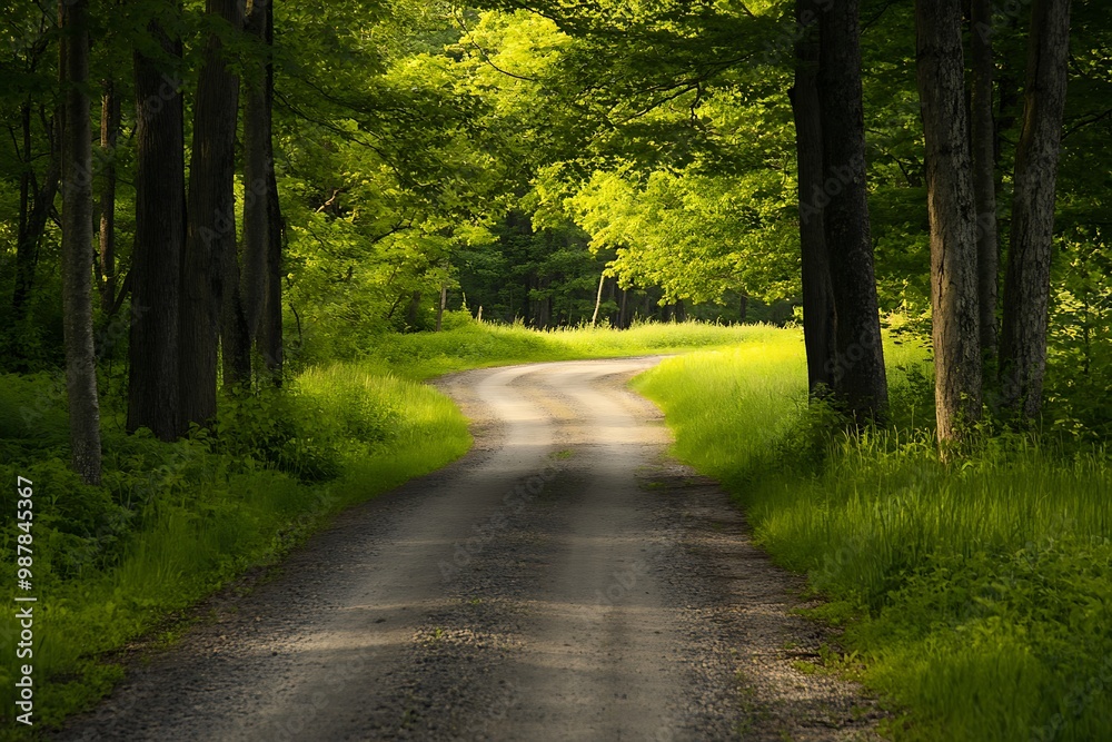 Naklejka premium Scenic Dirt Road Winding Through Lush Green Forest