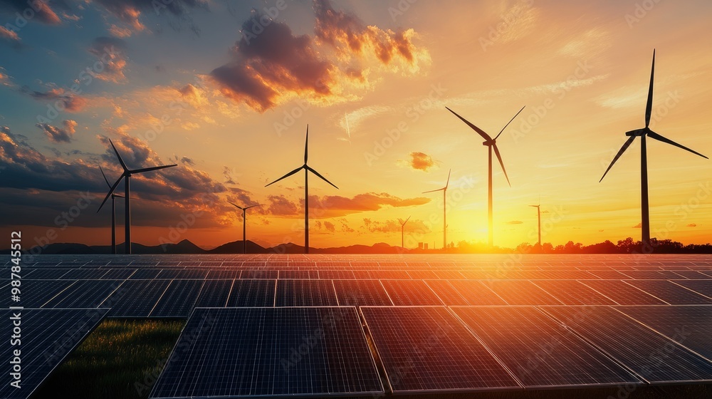 Windmills and solar panels under a warm sunset, symbolizing the shift to renewable energy and clean power sources. Windmills and solar panels under a warm sunset, symbolizing the shift to renewable energy and clean power sources.