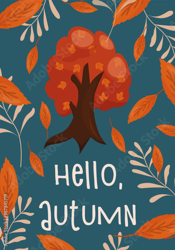 Hello autumn vector illustration. A tree with an orange crown, orange leaves on a blue background. For postcards, posters and banners