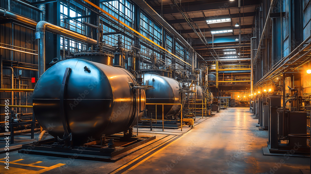 Interior of modern industrial boiler room with large metal tanks and pipes at industry factory Interior of modern industrial boiler room with large metal tanks and pipes at industry factory