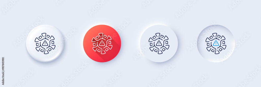 Coronavirus line icon. Neumorphic, Red gradient, 3d pin buttons. Covid virus sign. Infection alert symbol. Line icons. Neumorphic buttons with outline signs. Vector Coronavirus line icon. Neumorphic, Red gradient, 3d pin buttons. Covid virus sign. Infection alert symbol. Line icons. Neumorphic buttons with outline signs. Vector